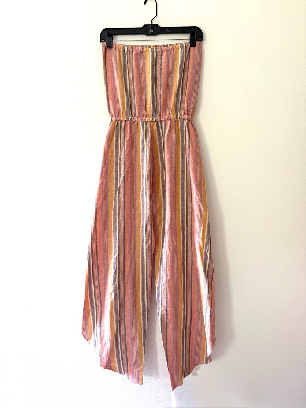 Anthro Drew Emerson XS Linen Strapless Tulip Split Leg Rainbow Striped Jumpsuit - Picture 3 of 15